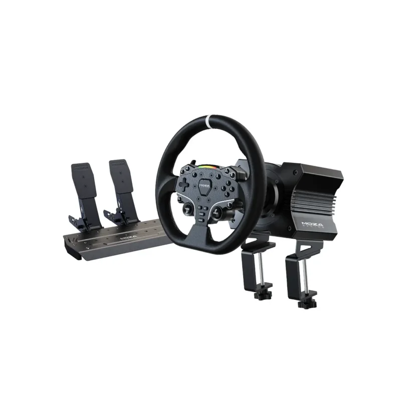 Moza R5 Direct Drive mängurooli komplekt koos ES rooliga ja SR-P Lite pedaalidega.